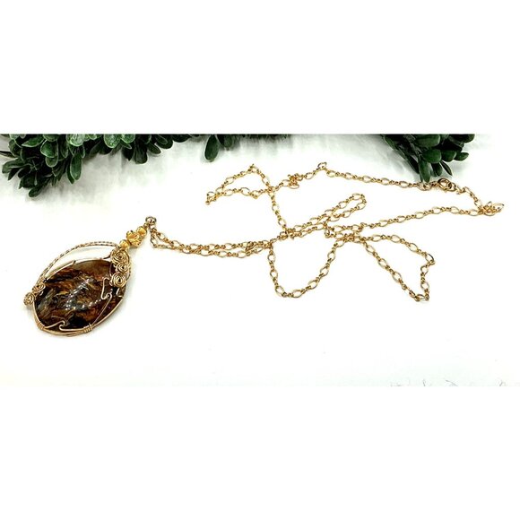 Gold 14kt GF Wire Wrapped Pietersite Pendant Artisan Handmade Gemstone Necklace - Picture 2 of 9